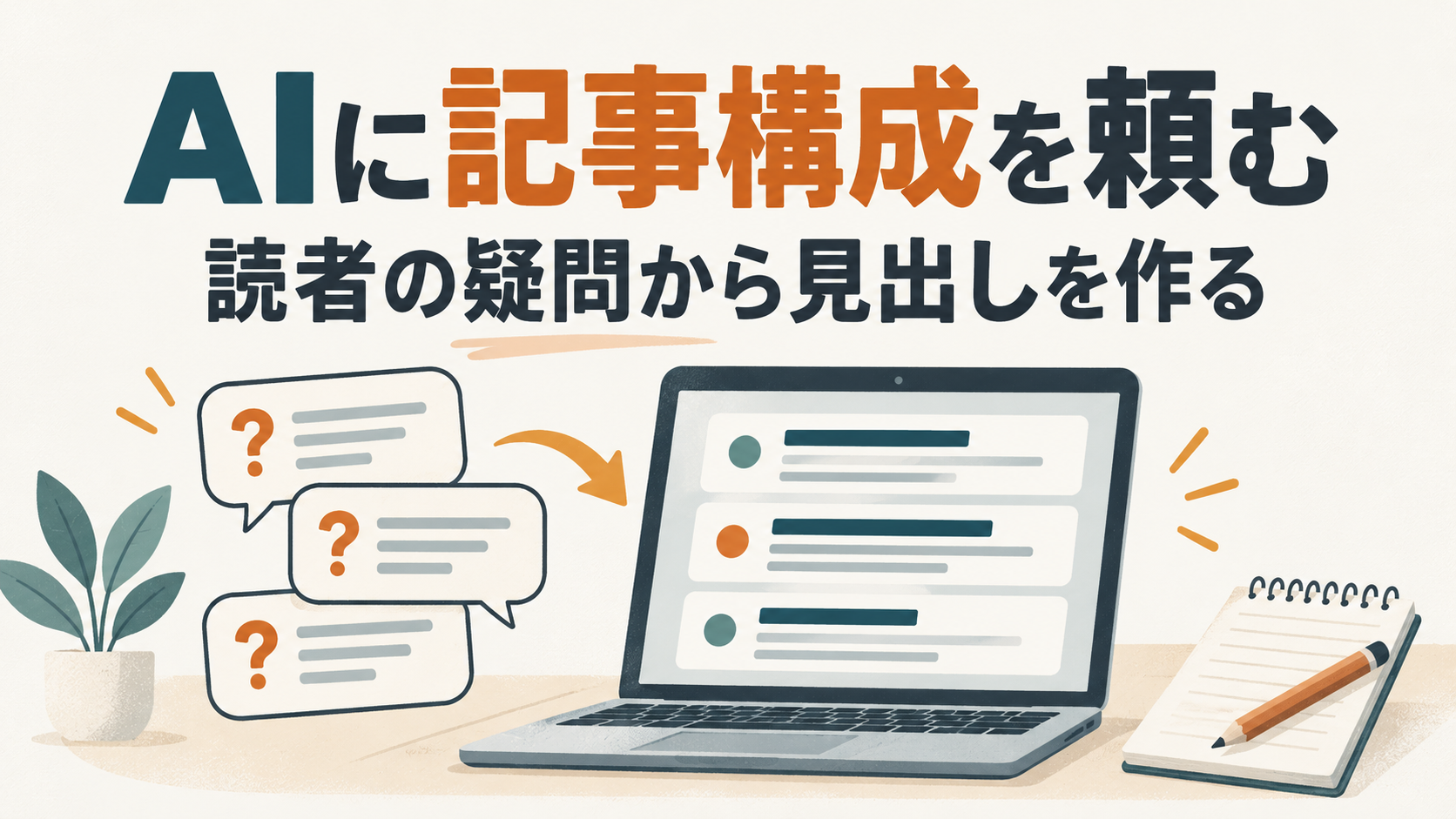 読者の疑問から記事の見出しを組み立てる様子を表した、パソコンと質問カードのイラスト。