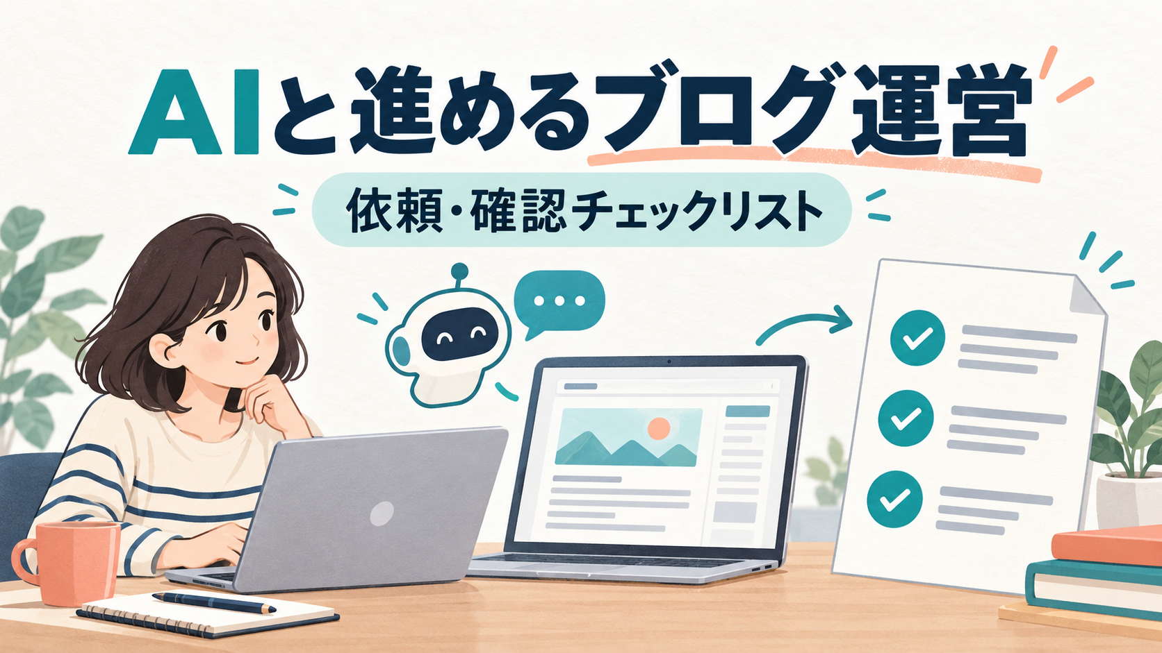 AIと進めるブログ運営。記事の依頼と確認を表すパソコンとチェックリストのイラスト。
